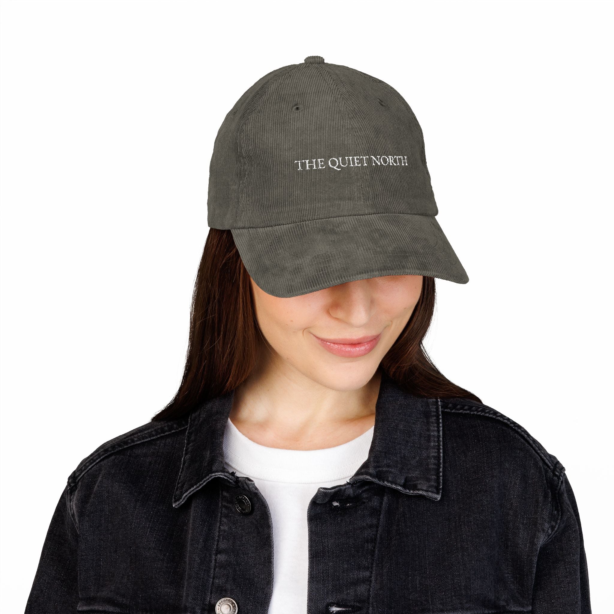 Vintage Corduroy Cap with 'THE QUIET NORTH' Embroidery, Hipster Hat, Casual Fashion Accessory, Outdoor Events, Perfect Gift