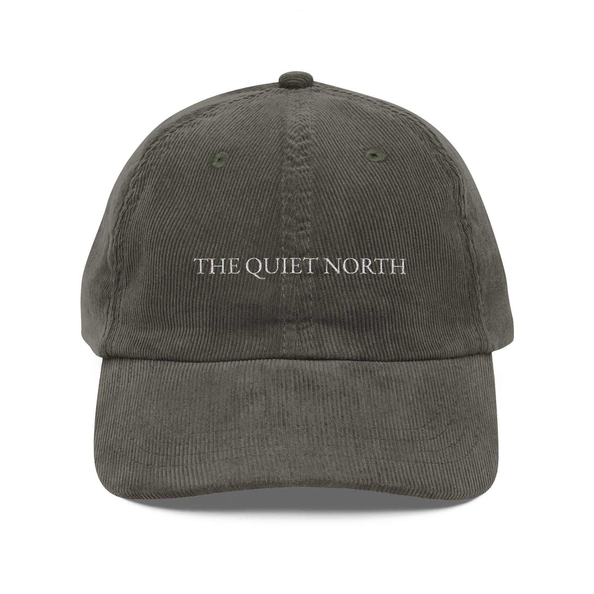Vintage Corduroy Cap with 'THE QUIET NORTH' Embroidery, Hipster Hat, Casual Fashion Accessory, Outdoor Events, Perfect Gift